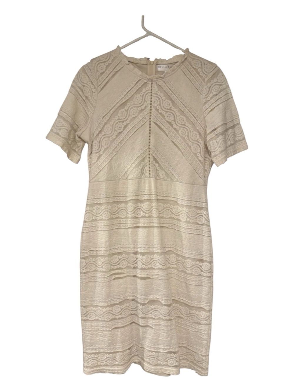 Bella Ella Cream Lace Chevron-Panel Short Sleeve Shift Dress Lg